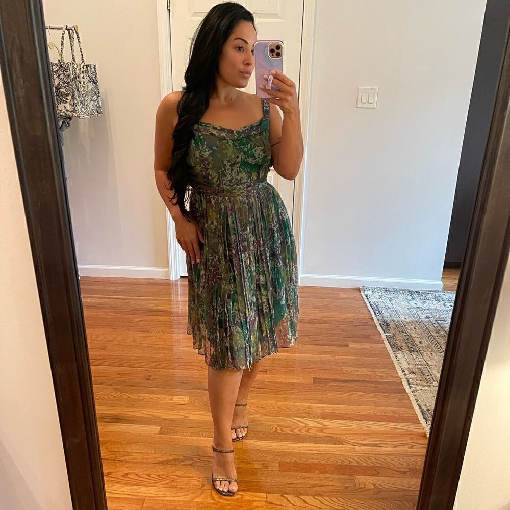 Marisfrolg Silk Abstract Watercolor Purple/Green Pleated Sleeveless Dress | 38